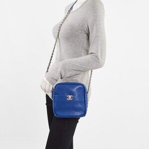 Chanel Blue Quilted Leather Casual Trip Vertical Camera Case Bag